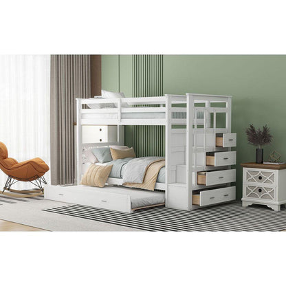 Twin Over Twin Bunk Bed with Trundle and Staircase,White