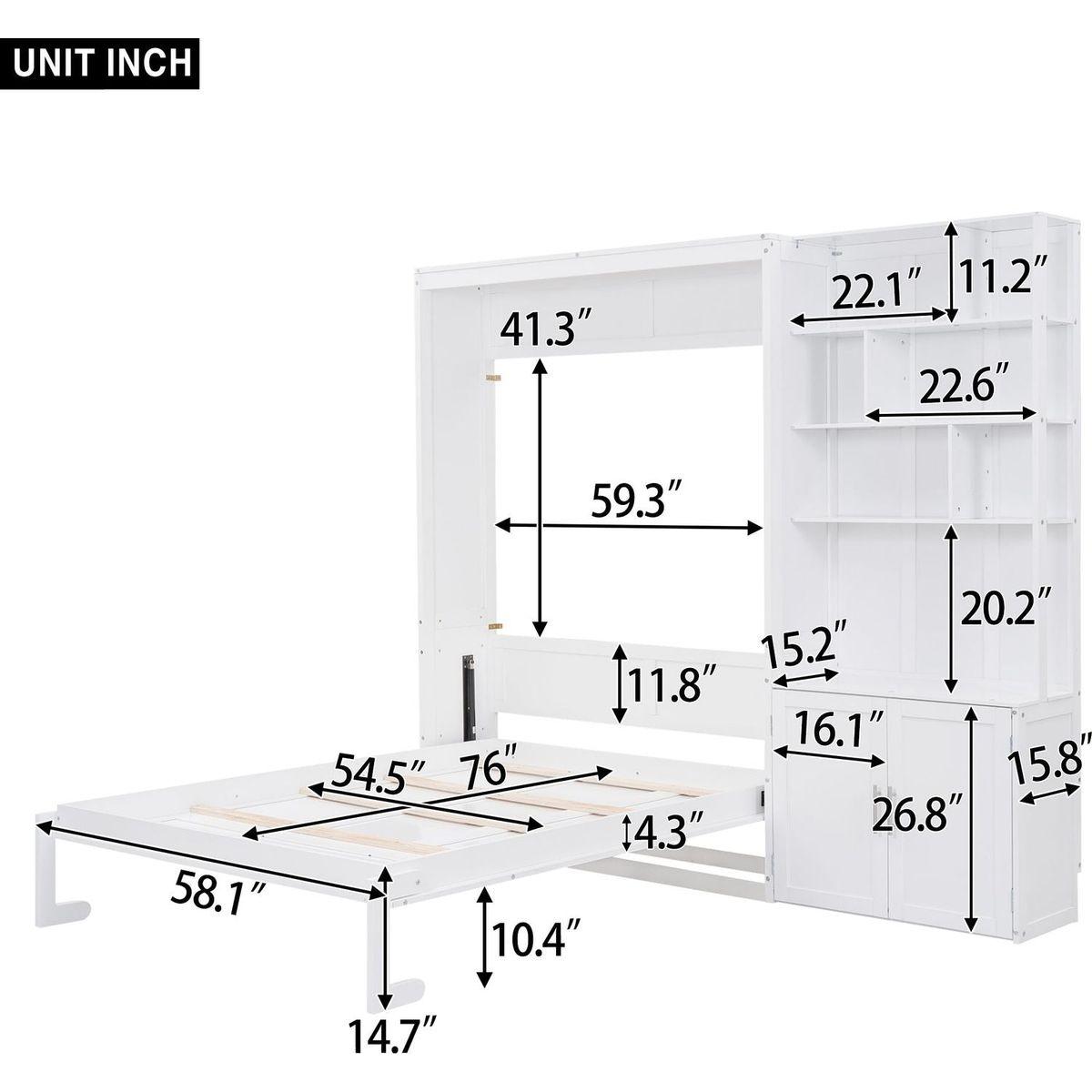 Full Size Murphy Bed with Multiple Storage Shelves and A Cabinet, White