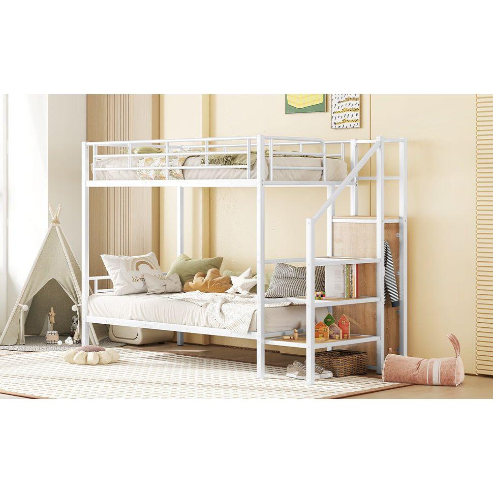 Twin Over Twin Metal Bunk Bed with Lateral Storage Ladder and Wardrobe, White