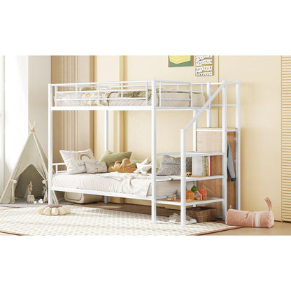 Twin Over Twin Metal Bunk Bed with Lateral Storage Ladder and Wardrobe, White