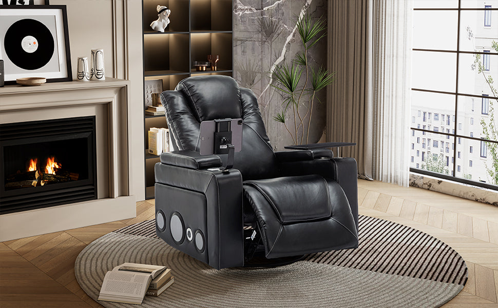 270 Degree Swivel PU Leather Power Recliner Individual Seat Home Theater Recliner with Surround Sound, Cup Holder, Removable Tray Table, Hidden Arm Storage for Living Room, Black