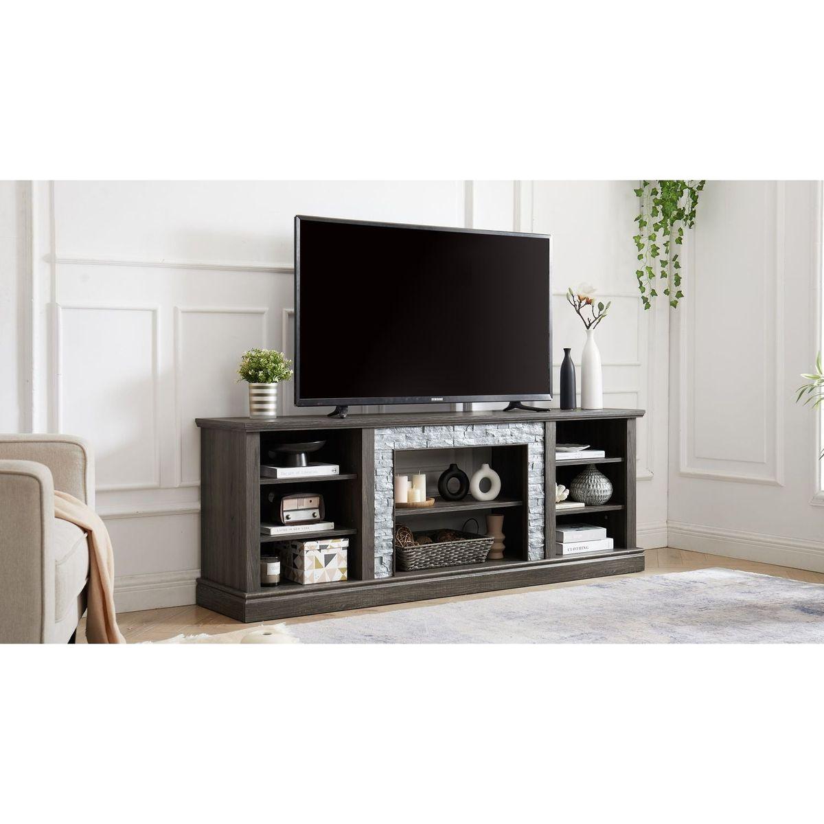 Large TV Stand TV Desk Storage Rack with Faux Stacked Stone Surround,Media Console Table with Large Storage Cabinet,Modern TV Media Entertaionment Stand,GREY, 70.12"Wx15.35"Dx25.83"H