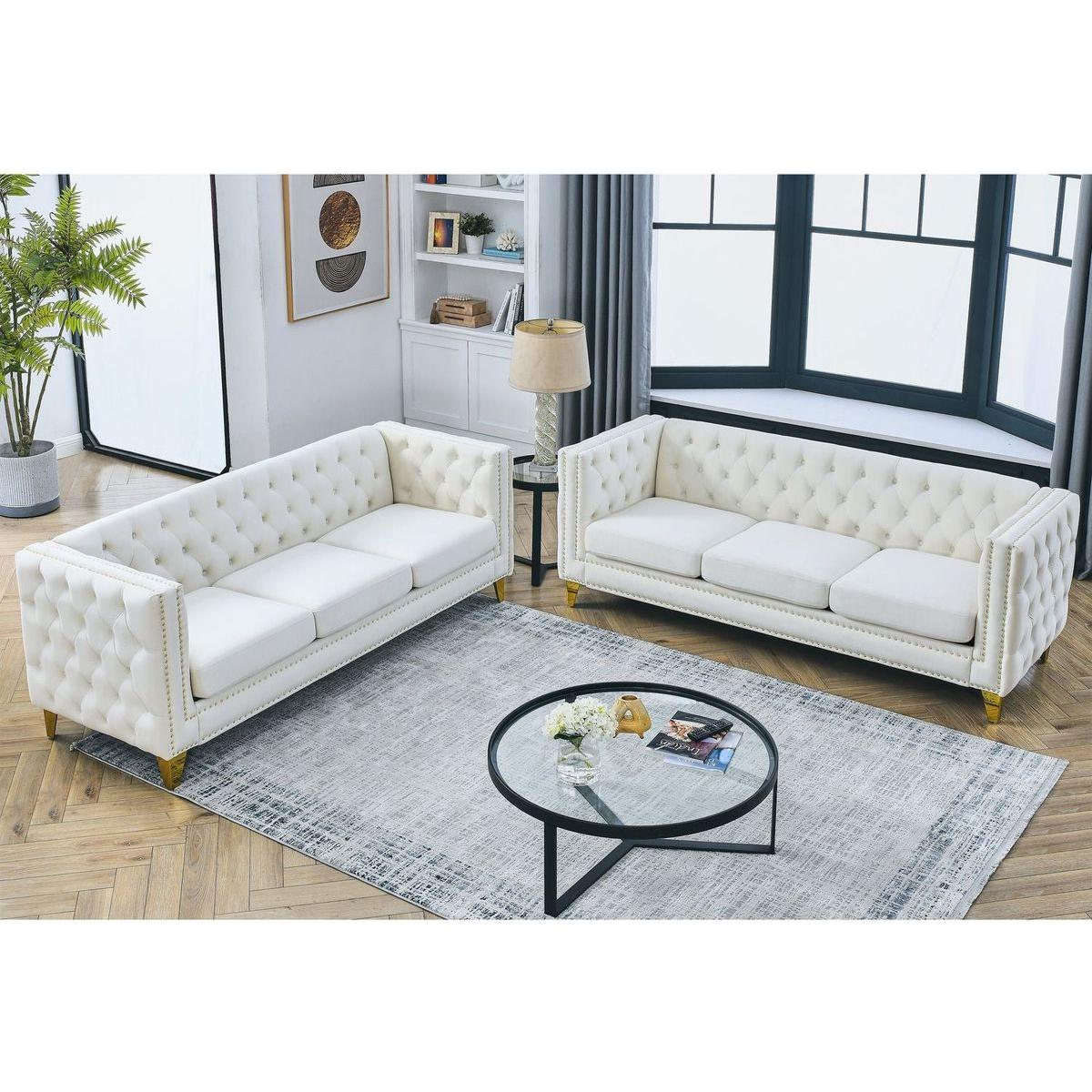 Velvet Sofa for Living Room,Buttons Tufted Square Arm Couch, Modern Couch Upholstered Button and Metal Legs, Sofa Couch for Bedroom, Beige Velvet, 2PCS