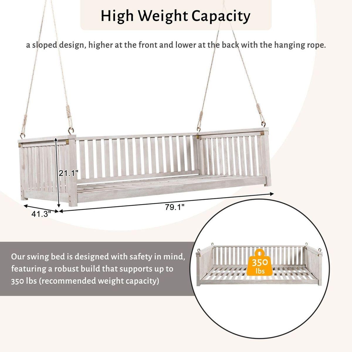 Patio Minimalist Twin Size Garden Swing Bed Wood Porch Swing with Ropes for Backyard, Safe Sloped Design, White