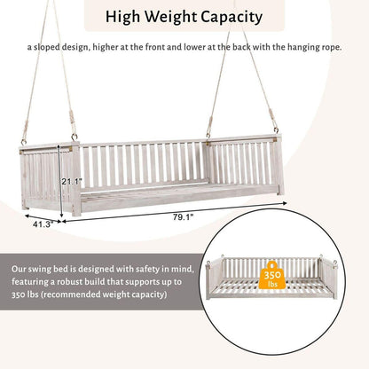 Patio Minimalist Twin Size Garden Swing Bed Wood Porch Swing with Ropes for Backyard, Safe Sloped Design, White