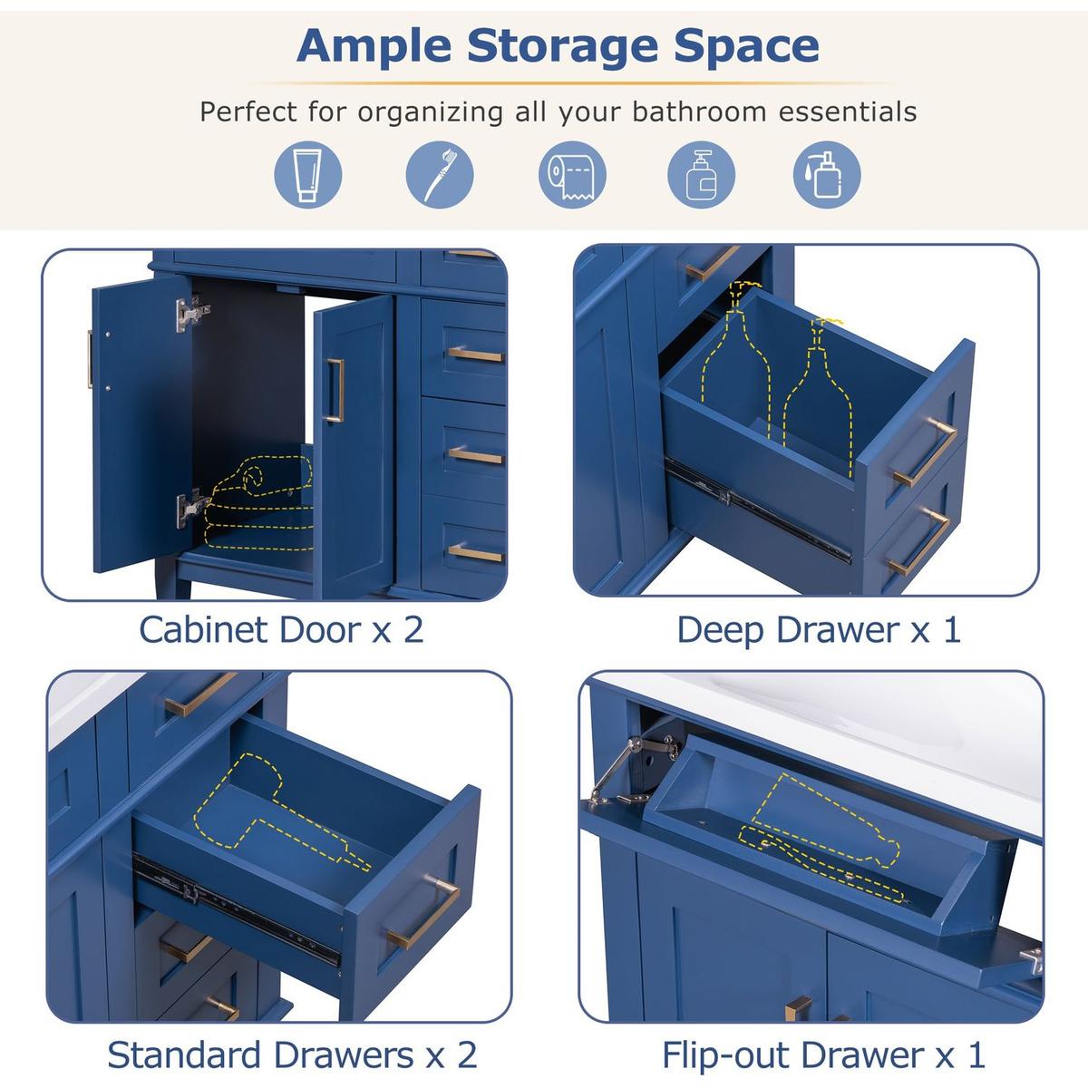 36-inch Bathroom Vanity with Resin Sink, Modern Bathroom Cabinet in Blue, Featuring Two Soft Close Doors and Four Drawers