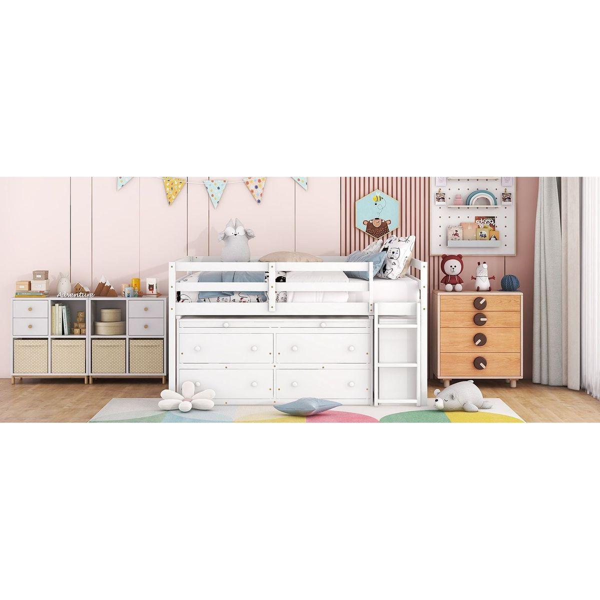 Full Size Loft Bed with Retractable Writing Desk and 4 Drawers, Wooden Loft Bed with Lateral Portable Desk and Shelves, White