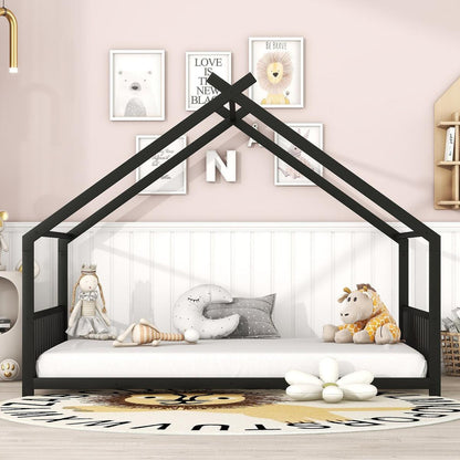 Full Size Metal House Bed, Black