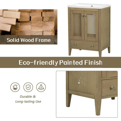 24" Bathroom Vanity with Ceramic Basin, Rattan Bathroom Storage Cabinet with Two Doors and Drawer, Solid Frame, Natural