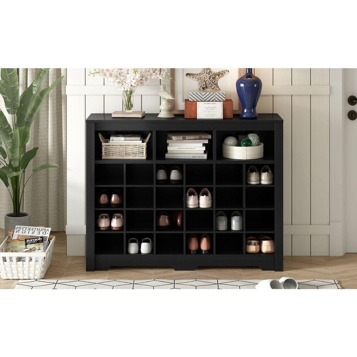 Sleek Design 24 Shoe Cubby Console, Modern Shoe Cabinet with Curved Base, Versatile Sideboard with High-quality for Hallway, Bedroom, Living Room, Black