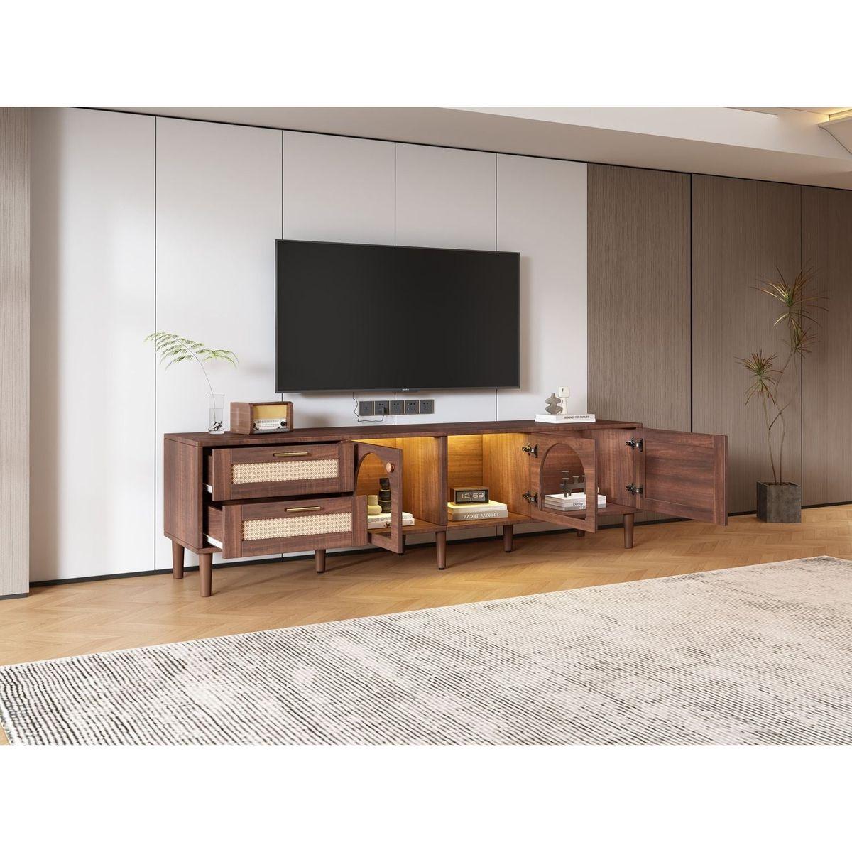 Rattan TV Stand with 3 Cabinets & 2 Drawers, Rattan-inspired Media Console Table for TVs up to 80", LED Light Entertainment Center, TV cabinet for Living room, Bedroom, Home Theatre - Streamdale Furniture