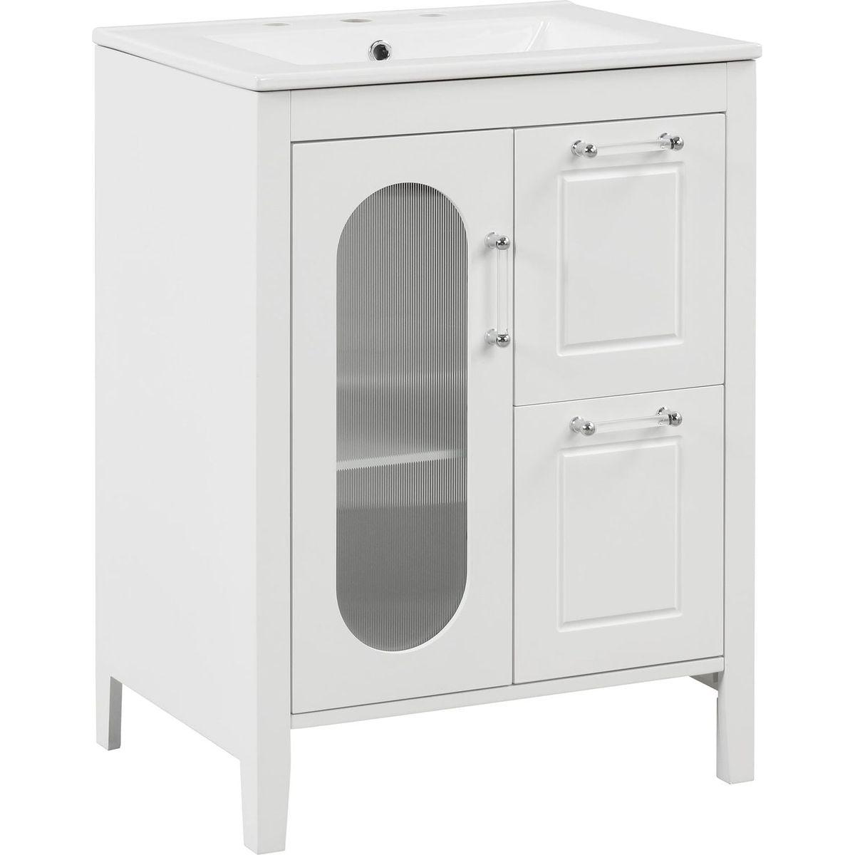 24" Bathroom Vanity with Sink, Bathroom Vanity Cabinet with Two Drawers and Door, Adjustable Shelf, Solid Wood and MDF, White