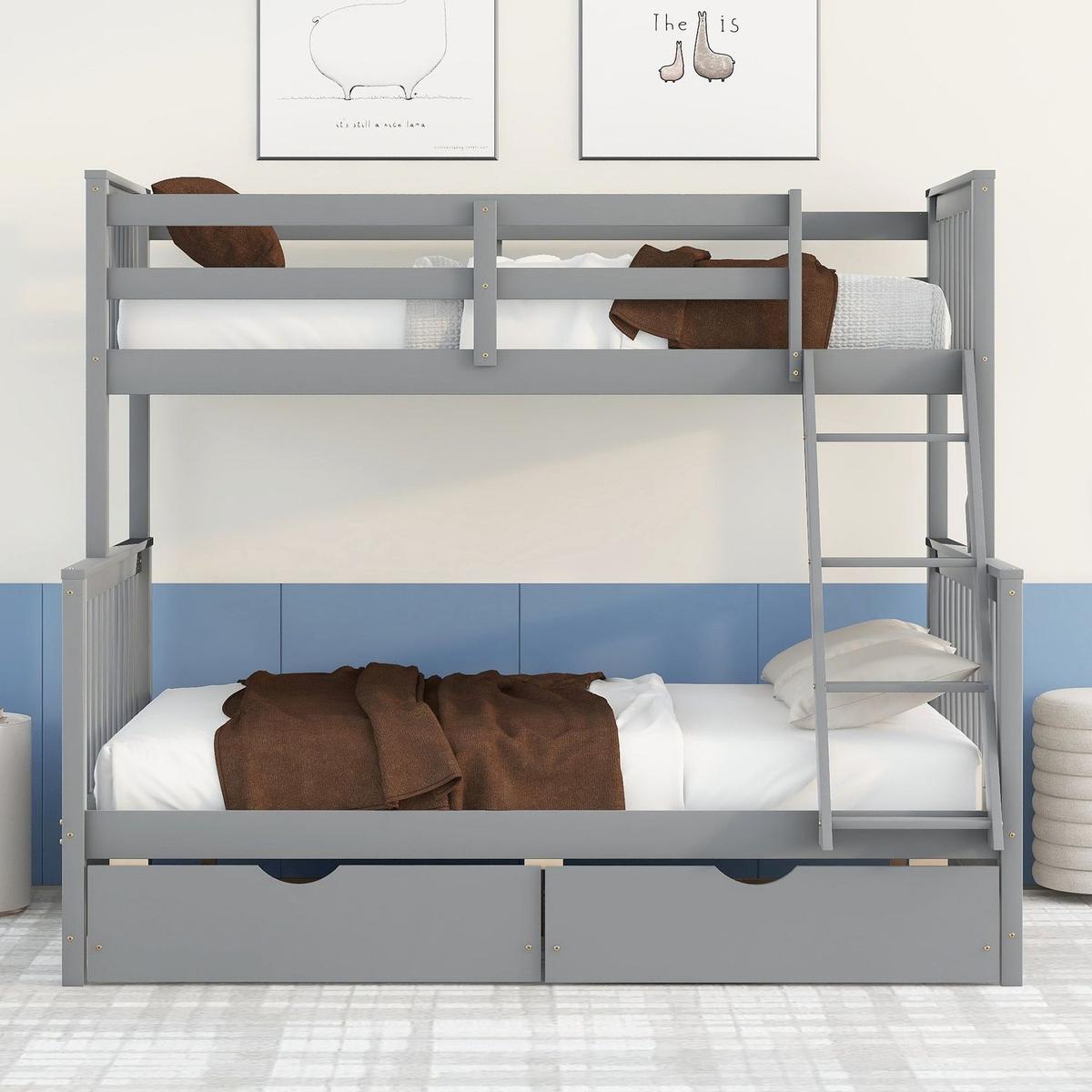 Twin-Over-Full Bunk Bed with Ladders and Two Storage Drawers(Gray){o