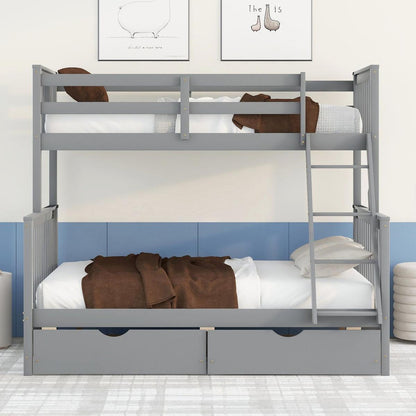 Twin-Over-Full Bunk Bed with Ladders and Two Storage Drawers(Gray){o