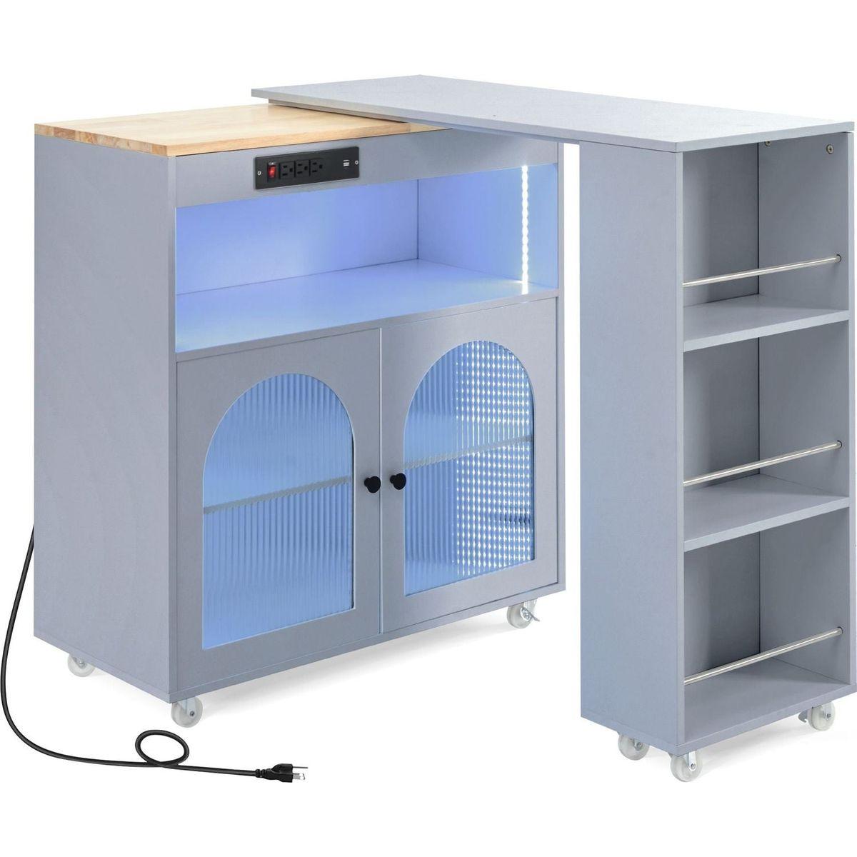 Rolling Kitchen Island With Movable Extended Table, Kitchen Cabinet on Wheels with Power Outlets and 2 Fluted Glass Doors, Kitchen Island with a Storage Compartment and Side 3 Open Shelves, Grey