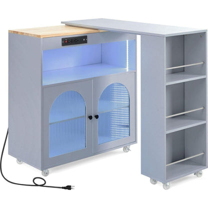 Rolling Kitchen Island With Movable Extended Table, Kitchen Cabinet on Wheels with Power Outlets and 2 Fluted Glass Doors, Kitchen Island with a Storage Compartment and Side 3 Open Shelves, Grey