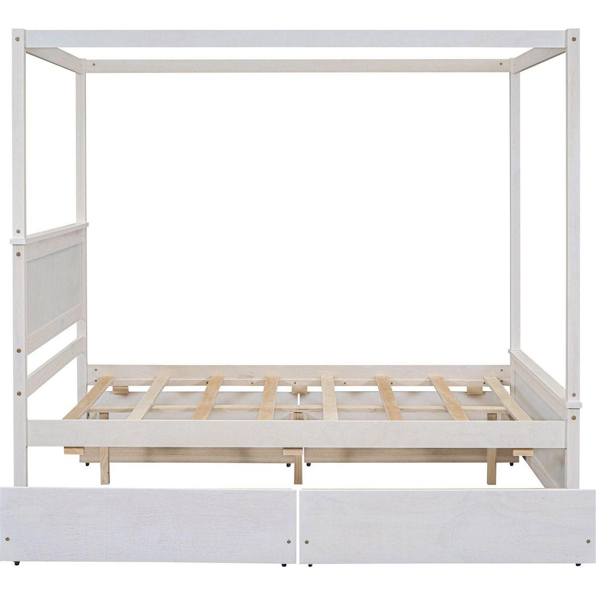 Wood Canopy Bed with four Drawers, Full Size Canopy Platform Bed With Support Slats .No Box Spring Needed, Brushed White