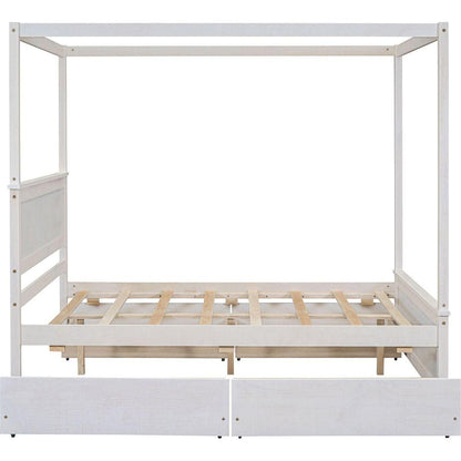 Wood Canopy Bed with four Drawers, Full Size Canopy Platform Bed With Support Slats .No Box Spring Needed, Brushed White