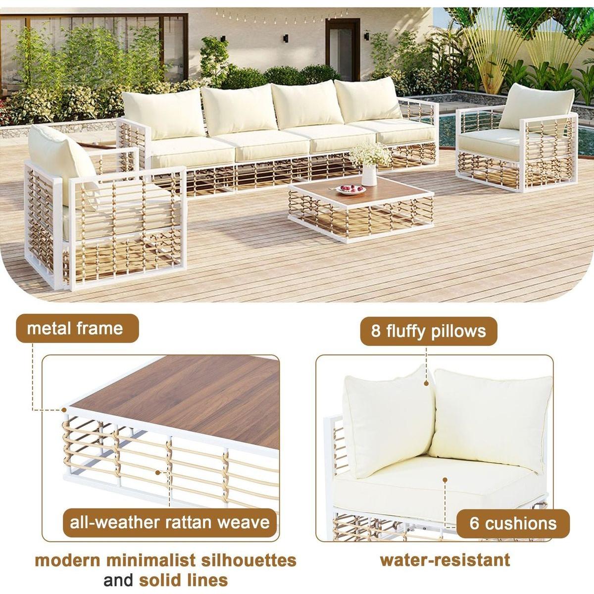 Modern Minimalist 7-Piece Metal Patio Sectional Sofa Set, All-Weather Garden Conversational Furniture Set with Thick Cushions and Coffee Table for Indoor Outdoor, White