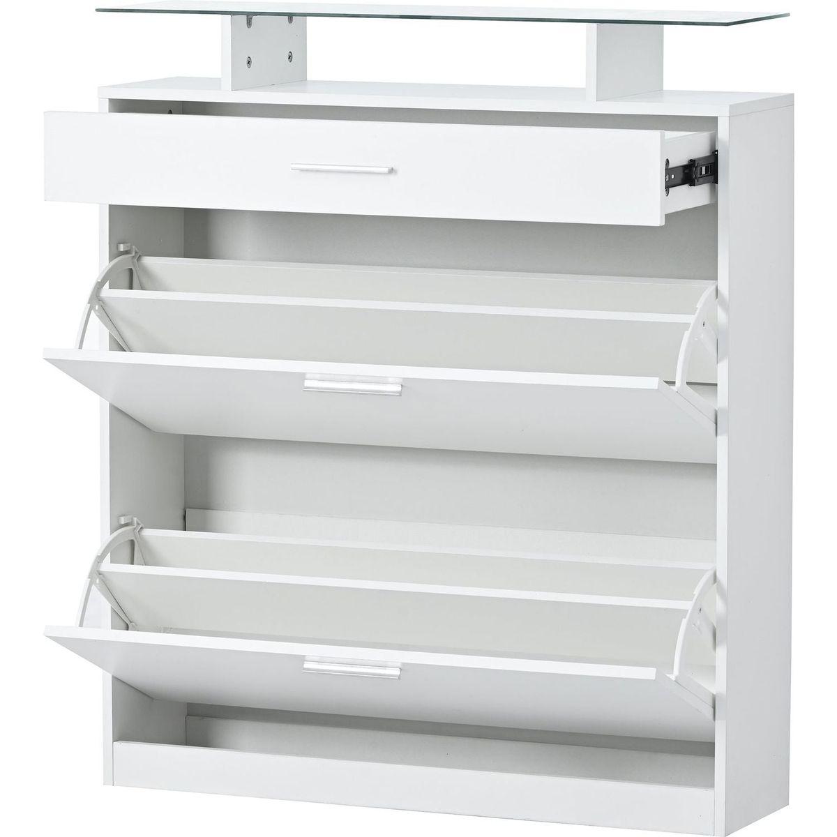 Slim Entryway Organizer with 2 Flip Drawers, Tempered Glass Top Shoe Storage Cabinet with Drawer, Free Standing Shoe Rack with LED Light for Hallway, White