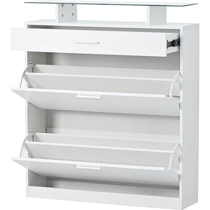 Slim Entryway Organizer with 2 Flip Drawers, Tempered Glass Top Shoe Storage Cabinet with Drawer, Free Standing Shoe Rack with LED Light for Hallway, White
