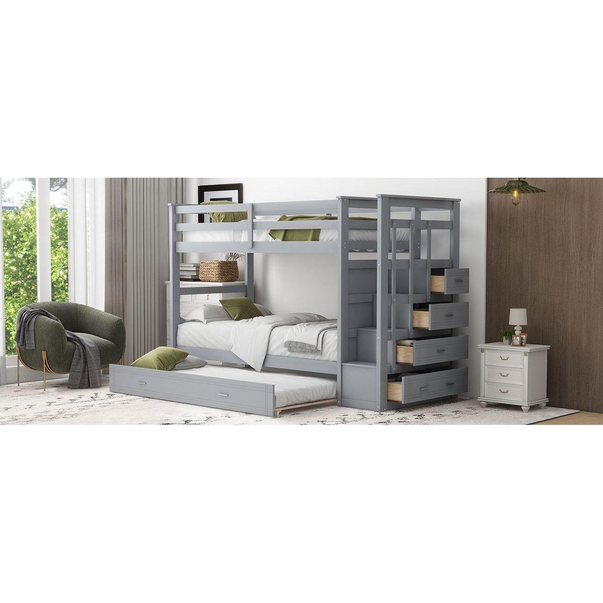 Twin Over Twin Bunk Bed with Trundle and Staircase,Gray