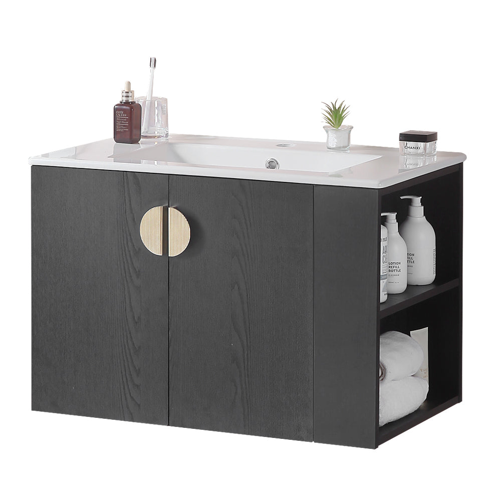 30" Bathroom Vanity with Sink,with two Doors Cabinet Bathroom Vanity Set with Side right Open Storage Shelf,Solid Wood,Excluding faucets,Black