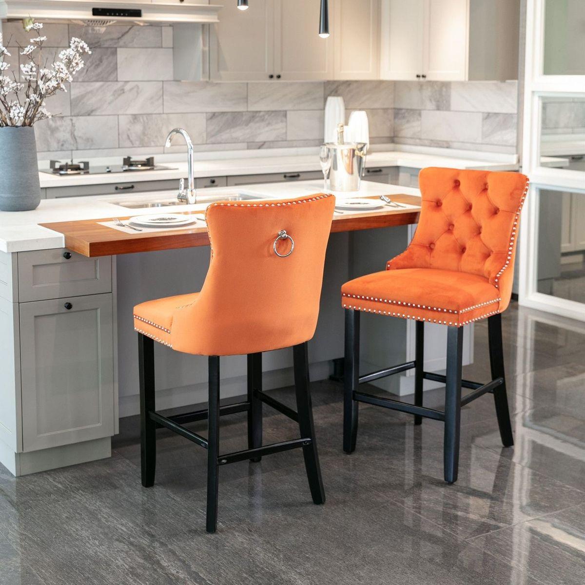 Contemporary Velvet Upholstered Barstools with Button Tufted Decoration and Wooden Legs, and Chrome Nailhead Trim, Leisure Style Bar Chairs,Bar stools, Set of 2 (Orange)