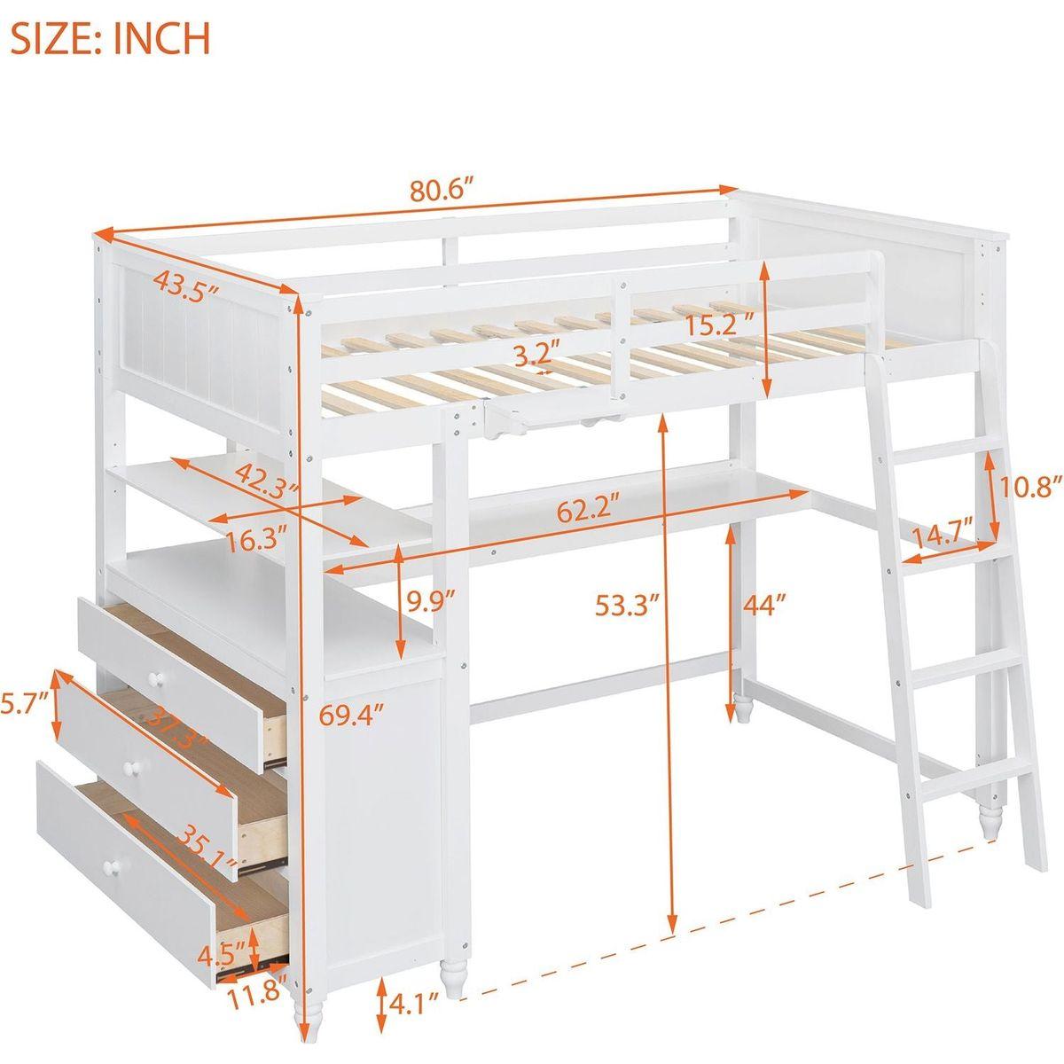 Twin size Loft Bed with Drawers and Desk, Wooden Loft Bed with Shelves - White