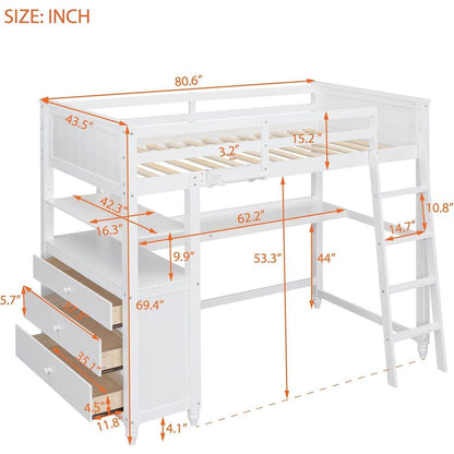 Twin size Loft Bed with Drawers and Desk, Wooden Loft Bed with Shelves - White