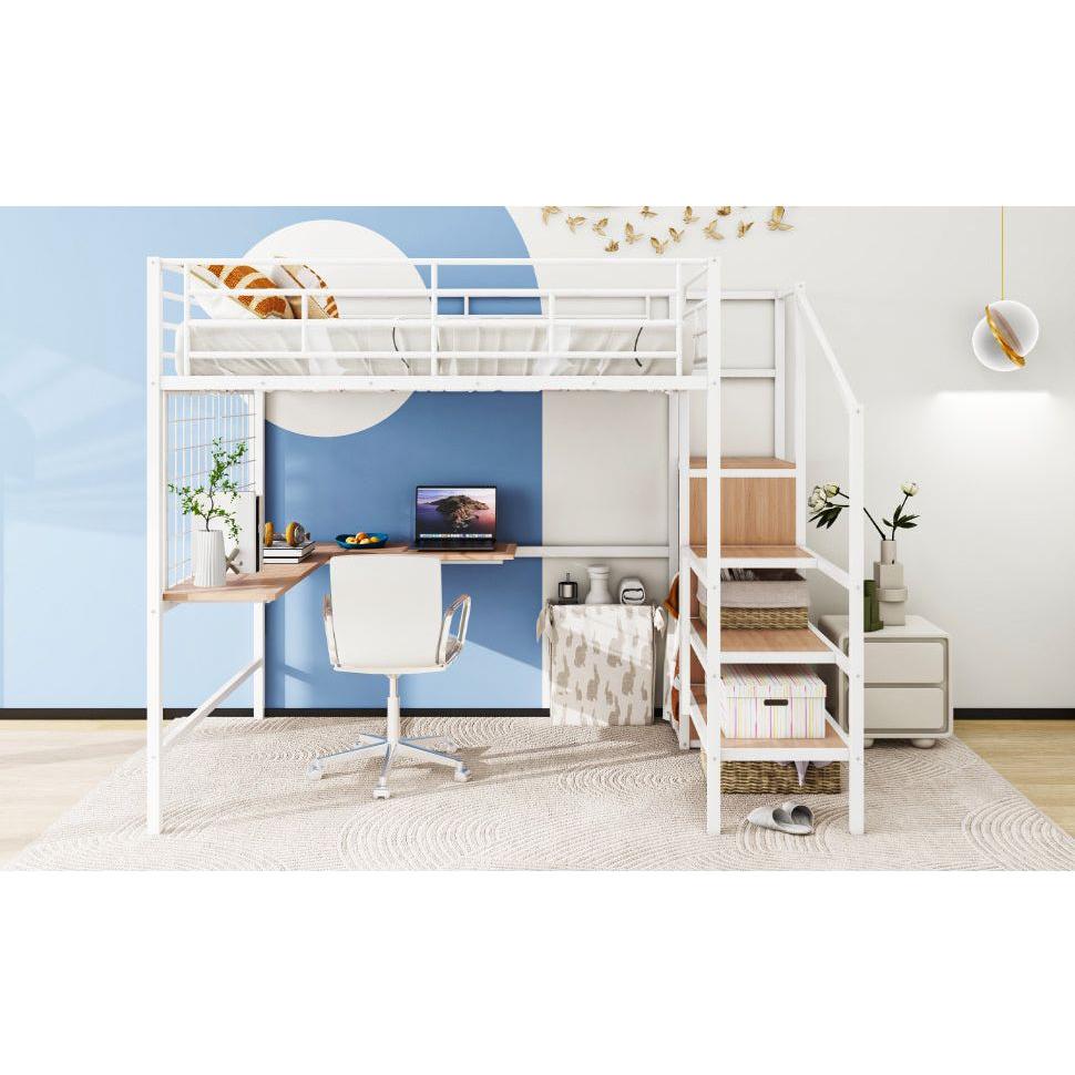 Full Size Metal Loft Bed with Desk and Metal Grid, Stylish Metal Frame Bed with Lateral Storage Ladder and Wardrobe, White