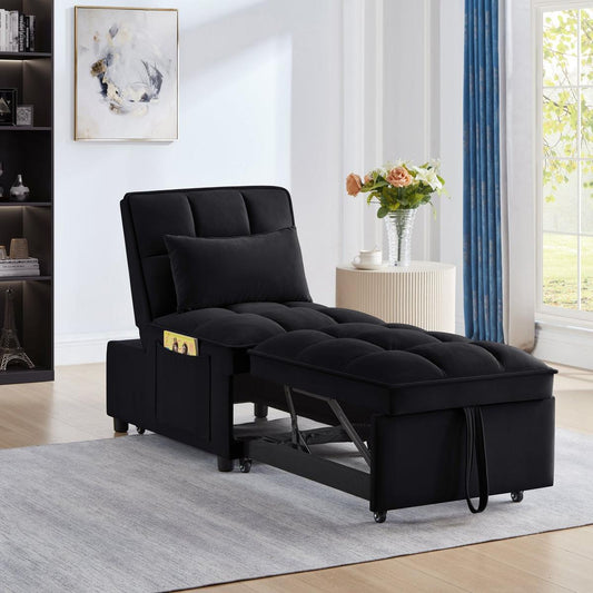 4 in1 Multi-Function Single Sofa Bed with Storage Pockets,Tufted Single Pull-out Sofa Bed with Adjustable Backrest and Pillows, Convertible Chaise Lounge,Black