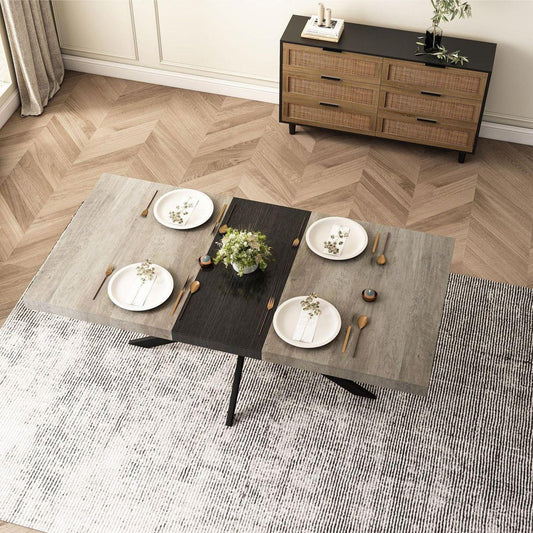 55.11" -70.86"Retro Rectangular Stretch Dining Table, Grey Carole Top With Black Embossed Center Plate, Black Fine Sand Cross Iron Foot Base Dining Table, With Storage Box.