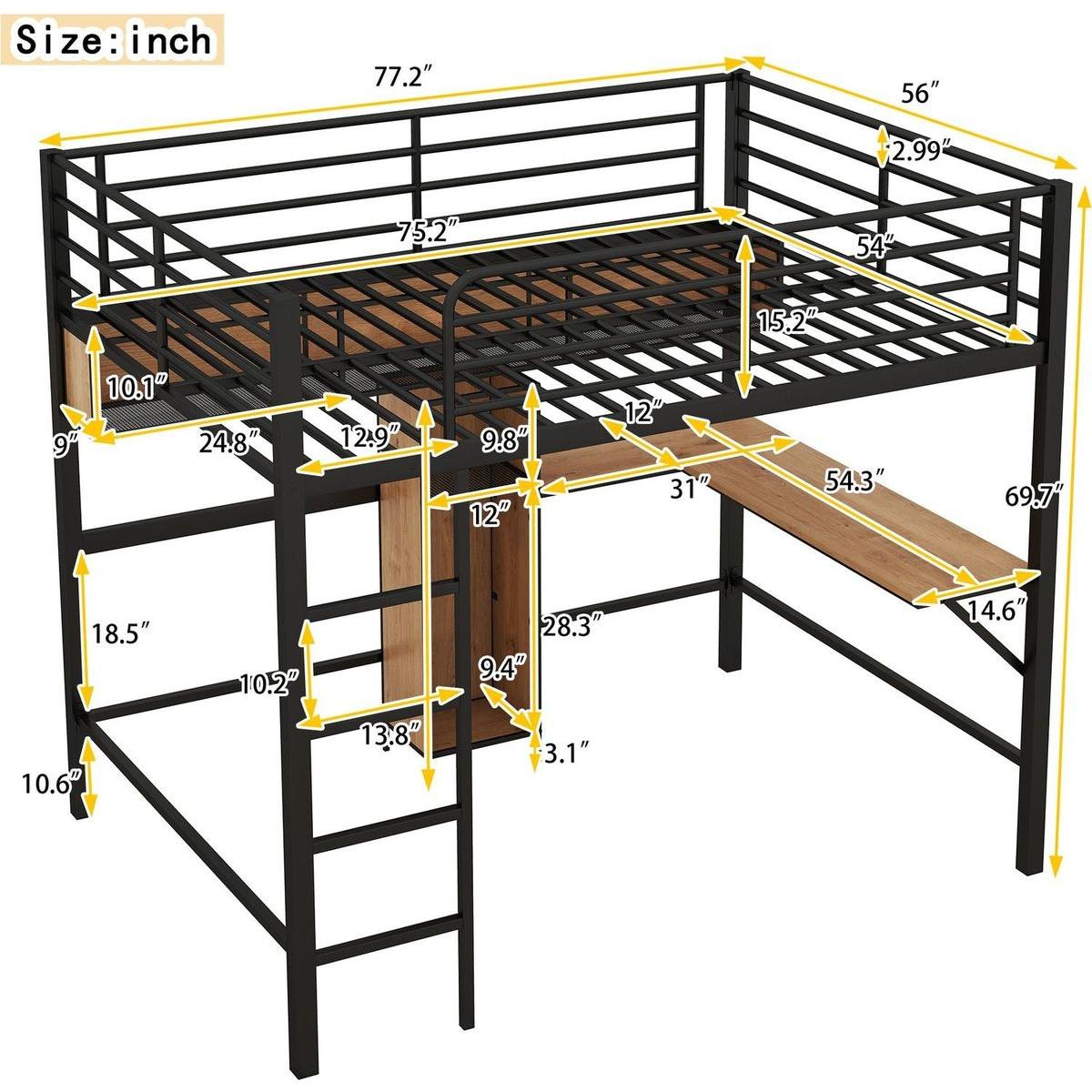 Full Size Metal & Wood Loft Bed with L -shaped desk and shelves, Black and Brown