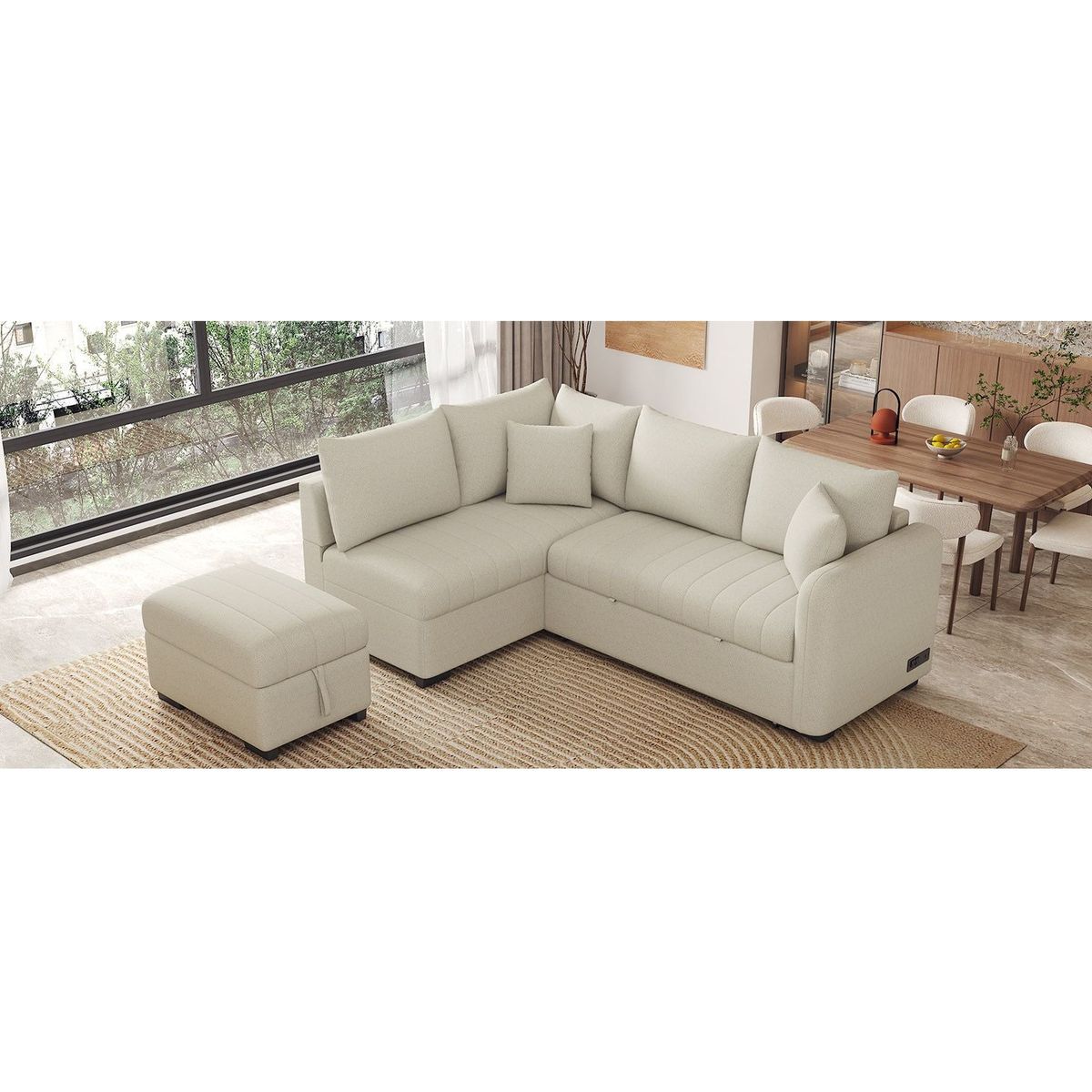 82.6" L-shaped Sectional Pull Out Sofa Bed Sleeper Sofa with Two USB Ports, Two Power Sockets and a Movable Storage Ottoman, Beige