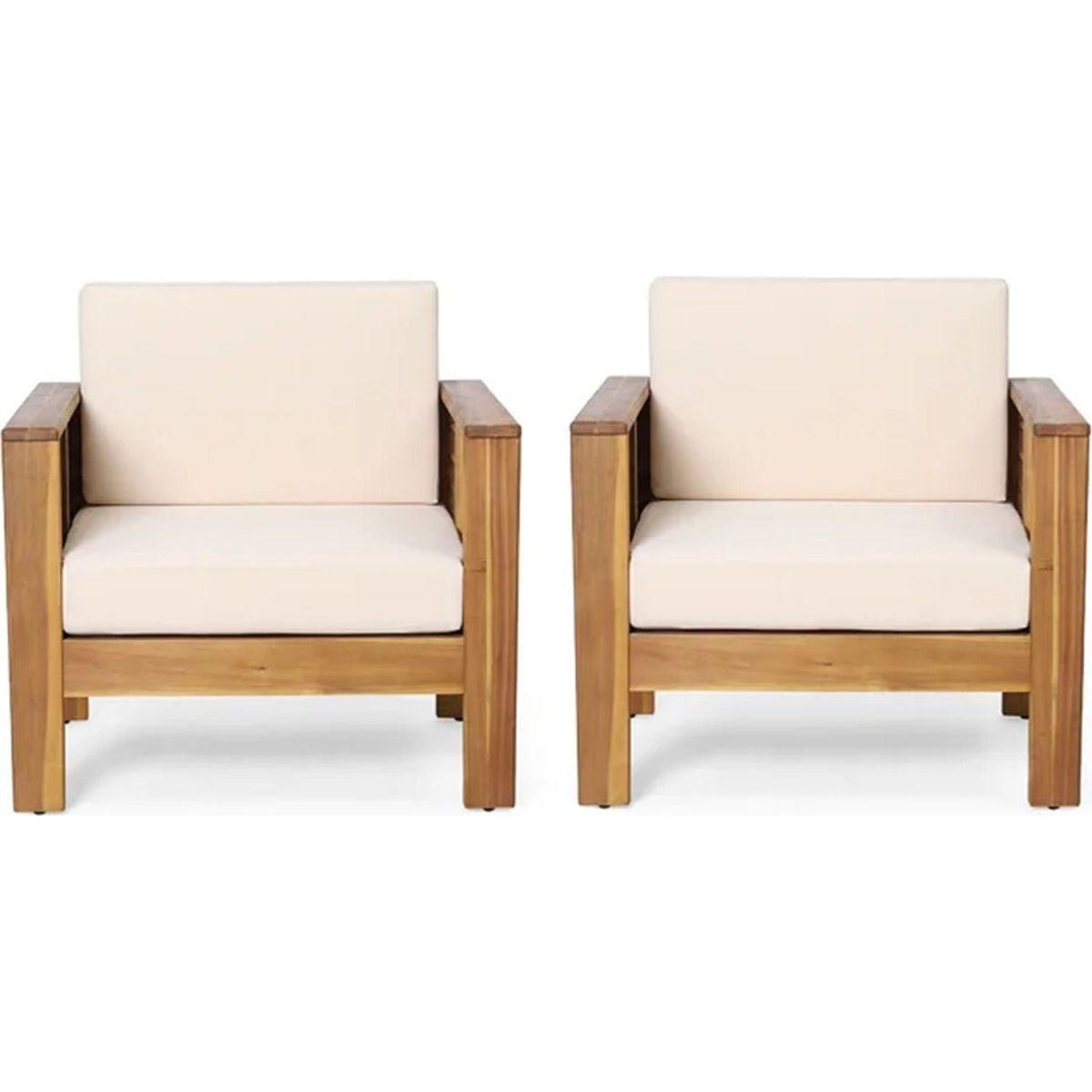 (Set of 2) Outdoor Acacia Wood Club Chairs with Cushions, Teak+Beige, 27.75"D x 32"W x 27.75"H