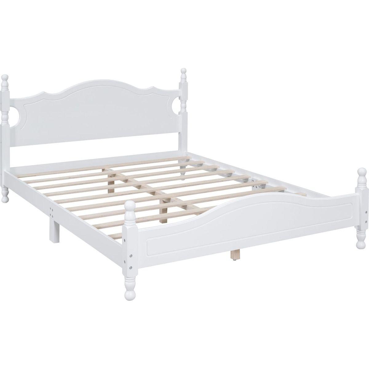 Queen Size Wood Platform Bed Frame,Retro Style Platform Bed with Wooden Slat Support,White