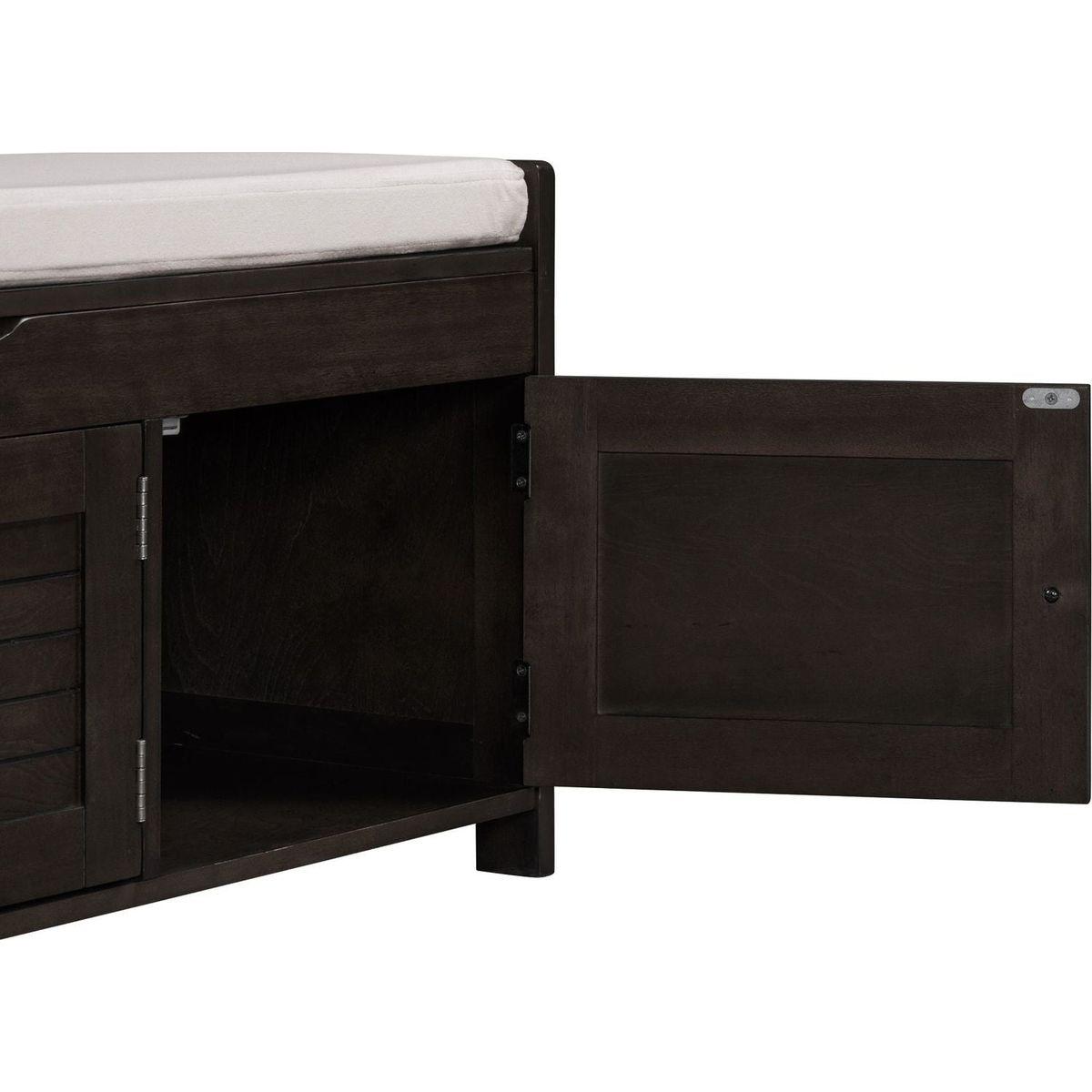 Storage Bench with 3 Shutter-shaped Doors, Shoe Bench with Removable Cushion and Hidden Storage Space (Espresso