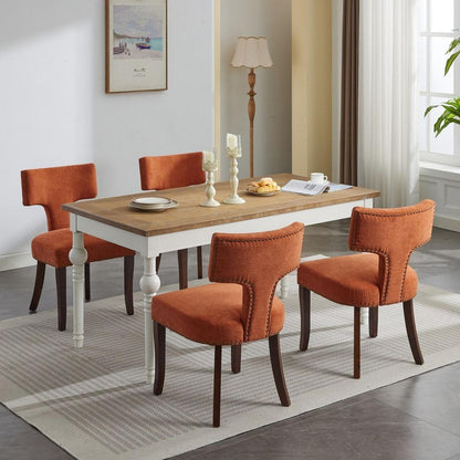 Mid Century Modern Dining Chairs Set of 2, Farmhouse Linen Fabric Upholstered Accent Chair Curved Backrest with Copper Nails around,Kitchen Chairs with Hardwood Frame, Orange