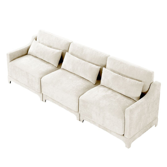 Elegant Three-Seater Sofa with Lumbar Pillow, Chenille Upholstery, Wooden Base, Ergonomic Design, Beige