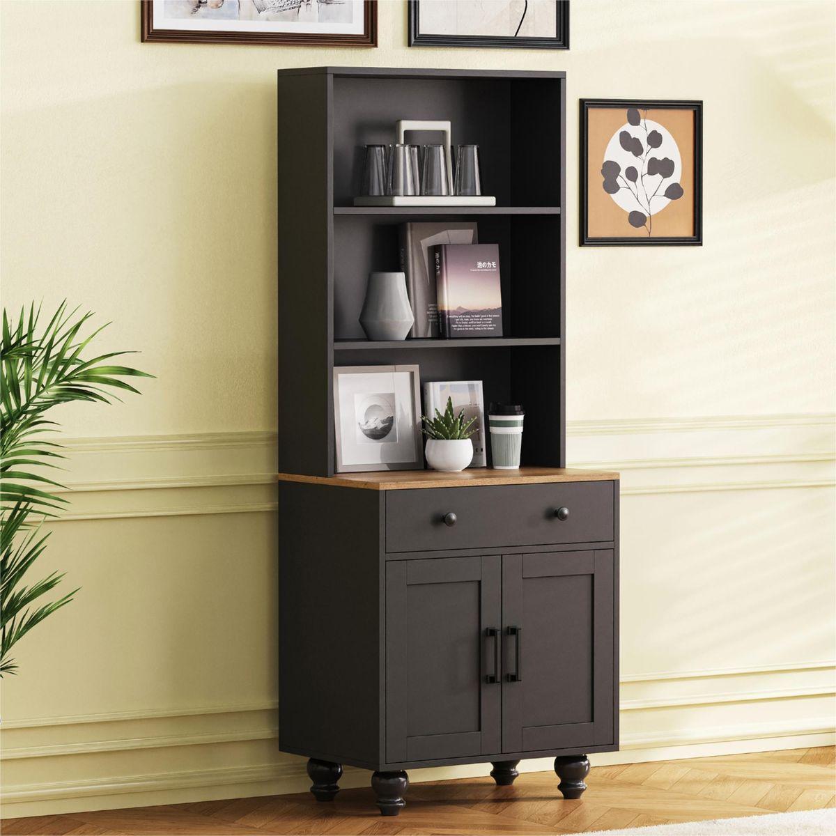 ON-TREND Farmhouse Storage Cabinet with 4 Solid Wood Gourd-Shaped Legs, Modern Kitchen Pantry Cabinet with Adjustable Shelves, 5 Tier Bookshelf with Drawer for Living Room, Black