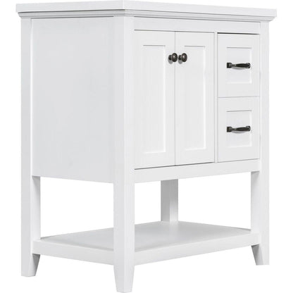 30" Bathroom Vanity with Ceramic Sink Top, Vanity Cabinet with Multi-Functional Drawer, Solid Wood Legs, White