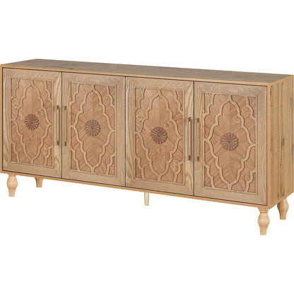 Carved Flower Door Large Storage Cabinet With Metal Handle Suitable For Living Room, Kitchen, Entryway(NATURAL WOOD) - Streamdale Furniture