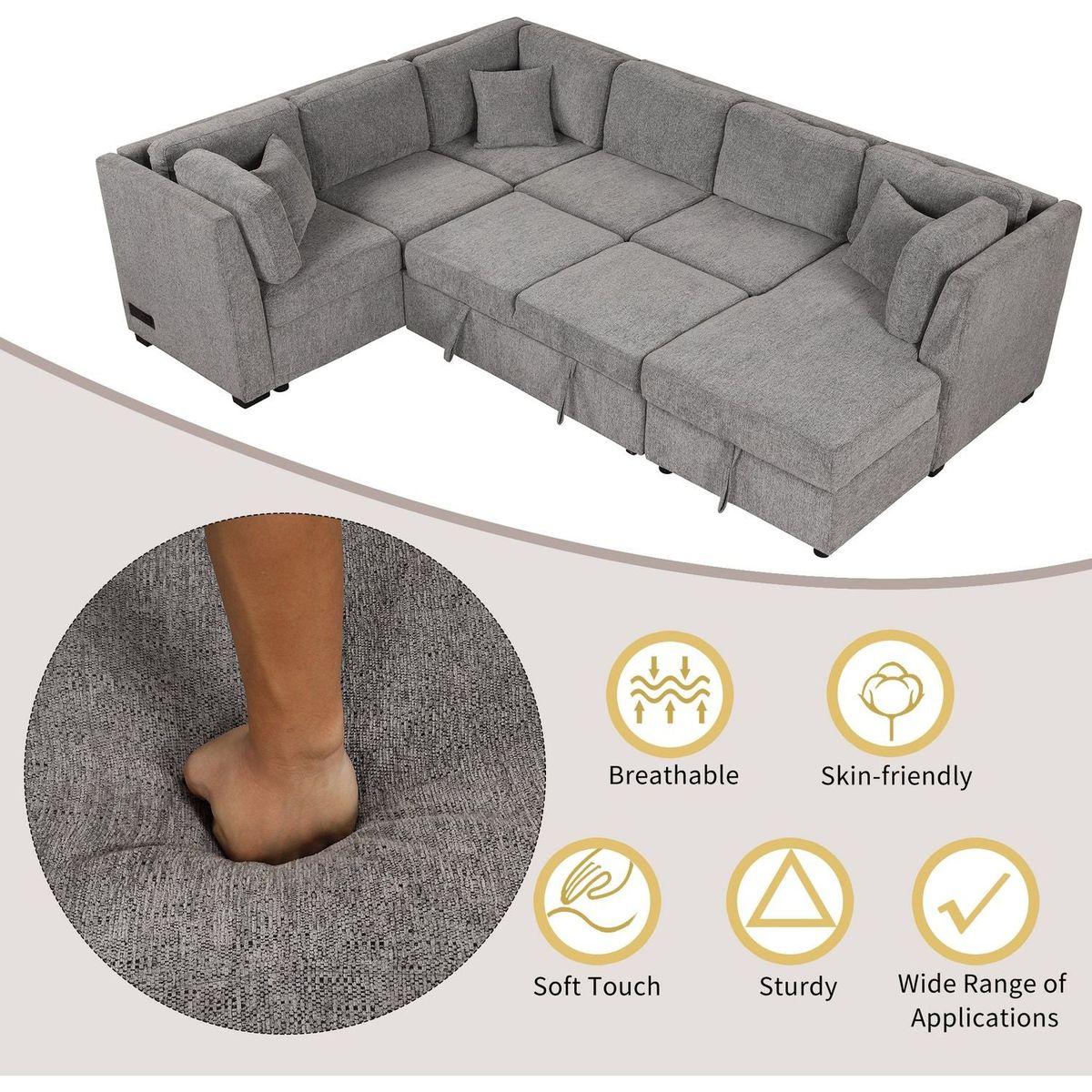 108.6" U-shaped Sectional Sofa Pull out Sofa Bed with Two USB Ports, Two Power Sockets, Three Back Pillows and a Storage Chaise for Living Room, Light Gray