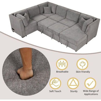 108.6" U-shaped Sectional Sofa Pull out Sofa Bed with Two USB Ports, Two Power Sockets, Three Back Pillows and a Storage Chaise for Living Room, Light Gray