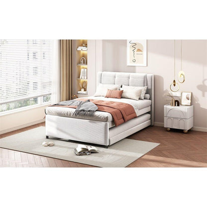 Full Size Upholstery platform bed with Trundle,Trundle can be flat or erected, Beige