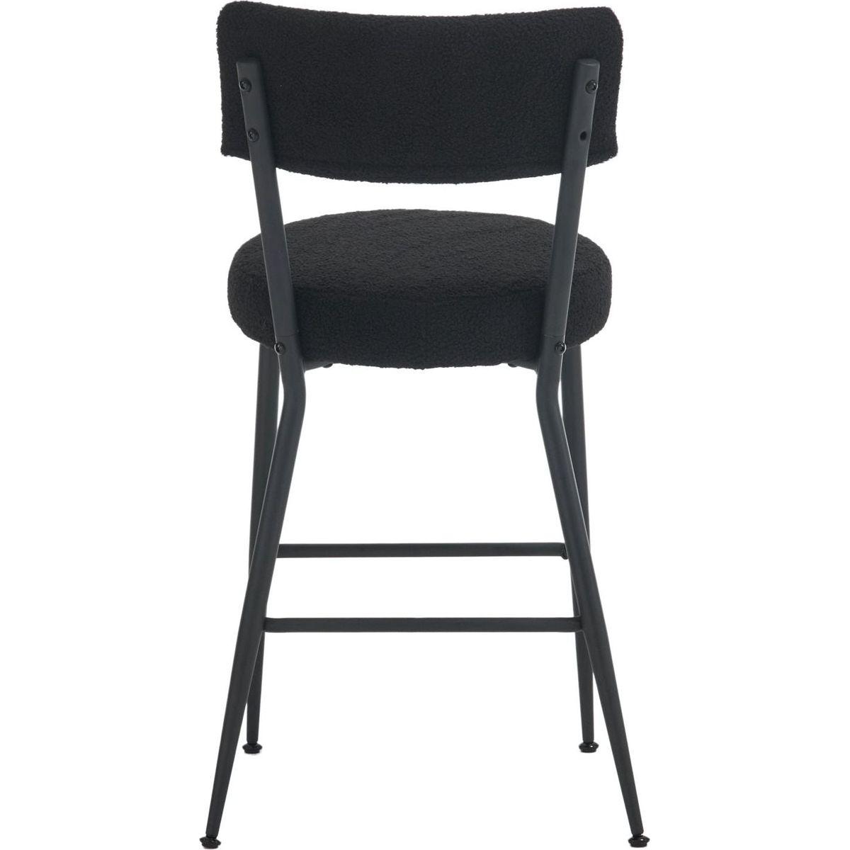 Set of 2 modern teddy fabric upholstered bar stools - Metal base high stool - Suitable for kitchen, dining and living room - Black - Stylish and comfortable island seating