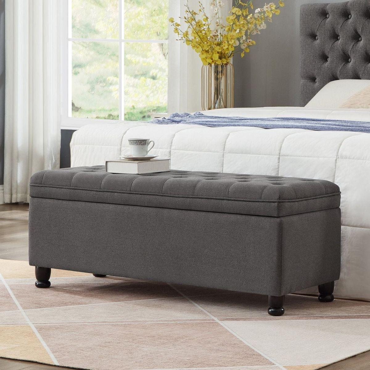 Upholstered tufted button storage bench, Linen fabric entry bench with spindle wooden legs, Bed bench- Dark Gray