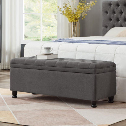 Upholstered tufted button storage bench, Linen fabric entry bench with spindle wooden legs, Bed bench- Dark Gray