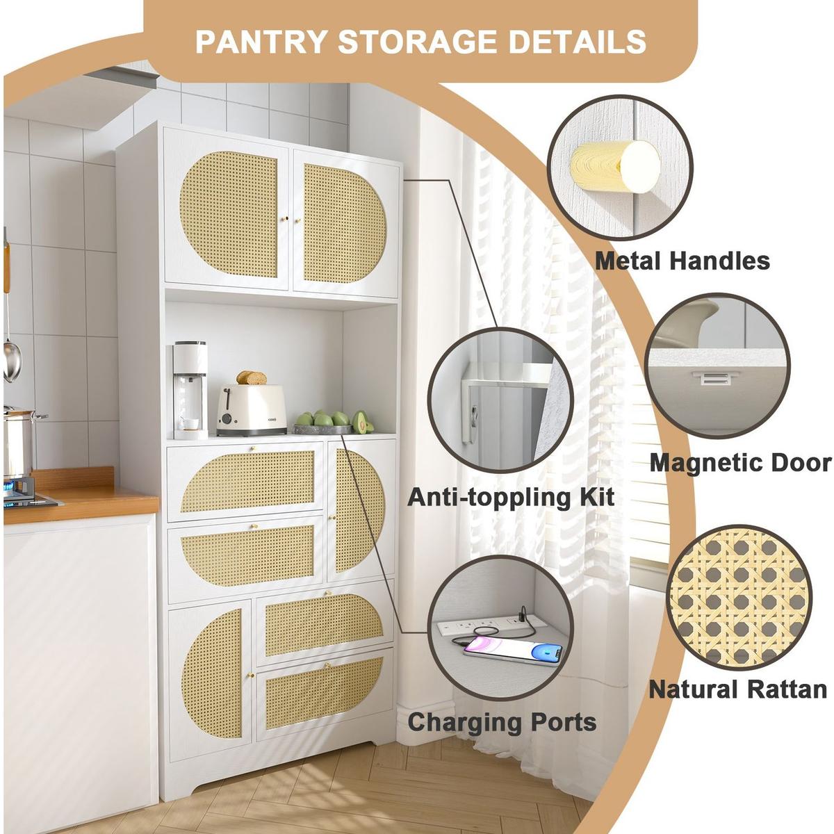 Storage Cabinet with Rattan Doors, Tall Freestanding Hutch Cabinet with Power Outlet,4 cabinet door and 4 Drawers& 1 Large Countertop, Buffet Drawer Cabinet door design